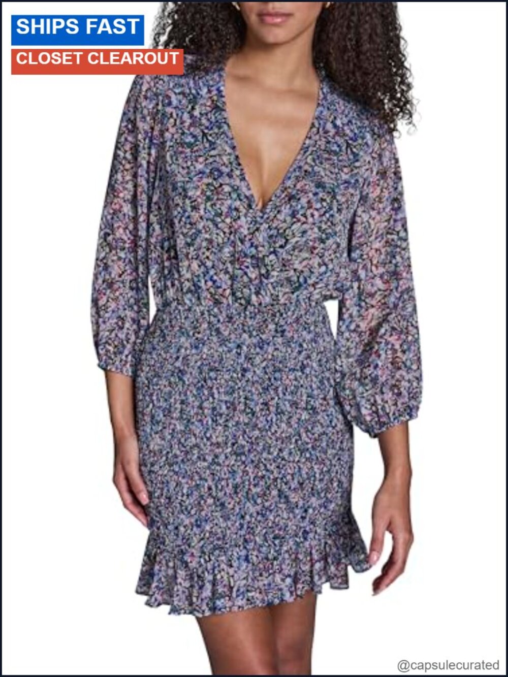 Chiffon Ruffle Mini Dress Long Sleeve V Neck Smocked High Stretch